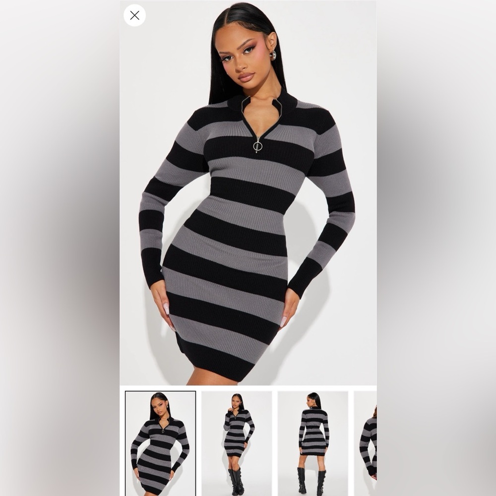 Fashion Nova Black and Gray Striped Long Sleeve Dress